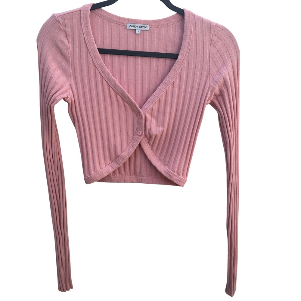 Cotton Citizen Pink‎ Ribbed Crop Cardigan Women Small Long Sleeve V-Neck Top